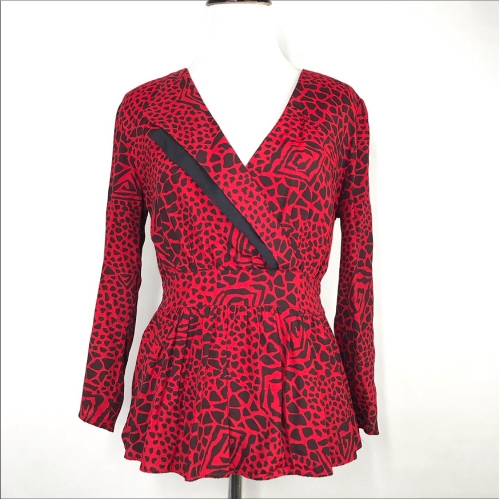 Silence + Noise Leopard V Neck Red and Black Top